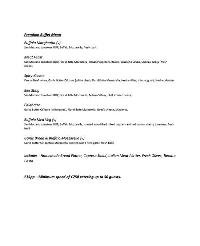 Stonebakers premium buffet menu