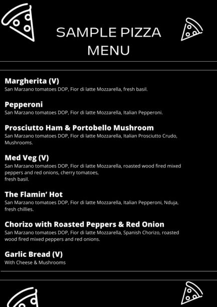 Stonebakers sample pizza menu